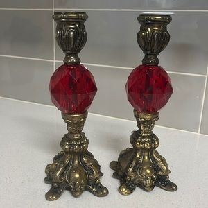 Two Vintage Ruby Red Lucite & Brass Candle Holder